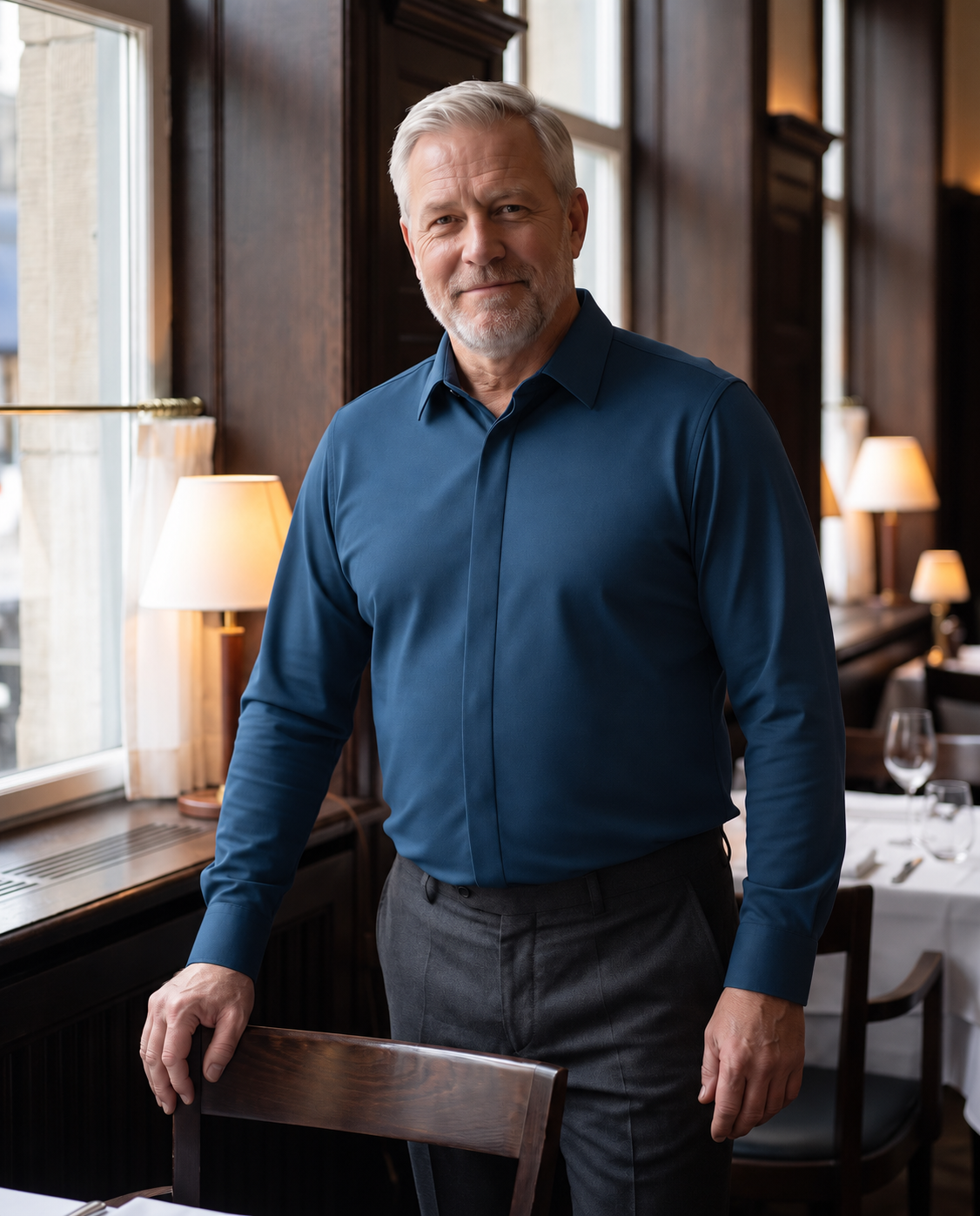Broader mature man wearing the navy Alfonso shirt in a restaurant setting