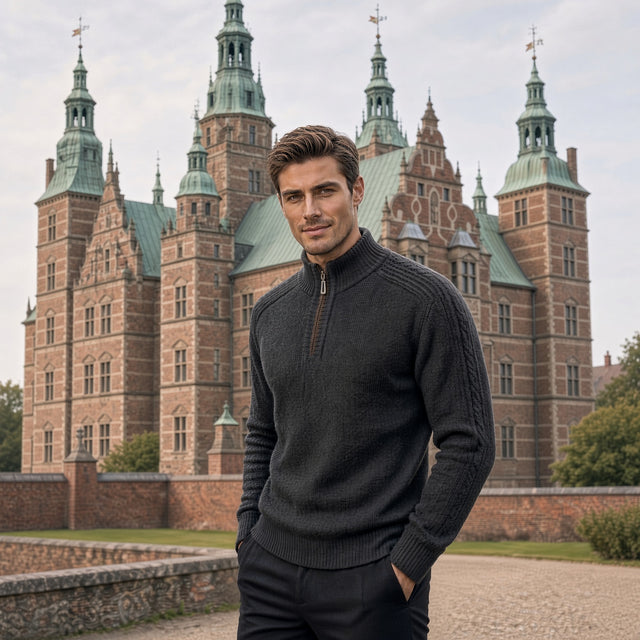 ARRON quarter-zip knit sweater, ribbed stand collar and cable-knit sleeve