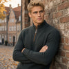 ARRON quarter-zip knit sweater, ribbed stand collar and cable-knit sleeve
