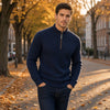 ARRON quarter-zip knit sweater, ribbed stand collar and cable-knit sleeve