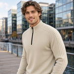 ARRON quarter-zip knit sweater, ribbed stand collar and cable-knit sleeve