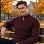 ARRON quarter-zip knit sweater, ribbed stand collar and cable-knit sleeve