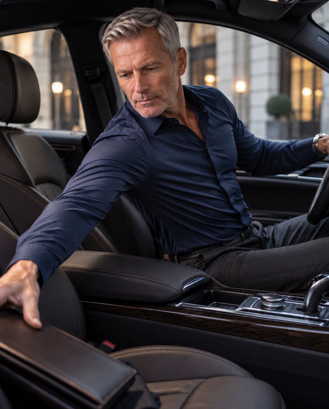 Mature man reaching across a passenger seat in the navy Alfonso shirt
