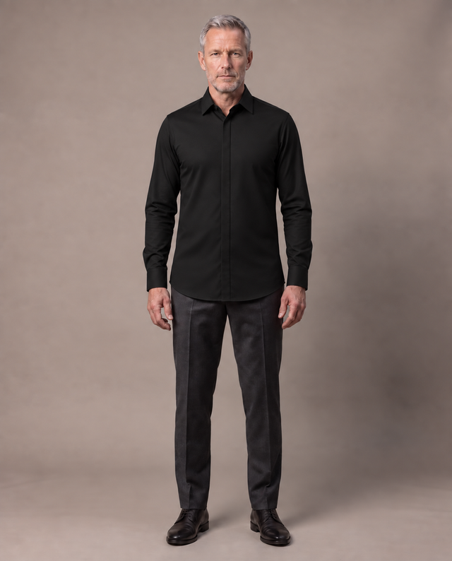 Black Alfonso shirt — smooth fabric, untucked front view